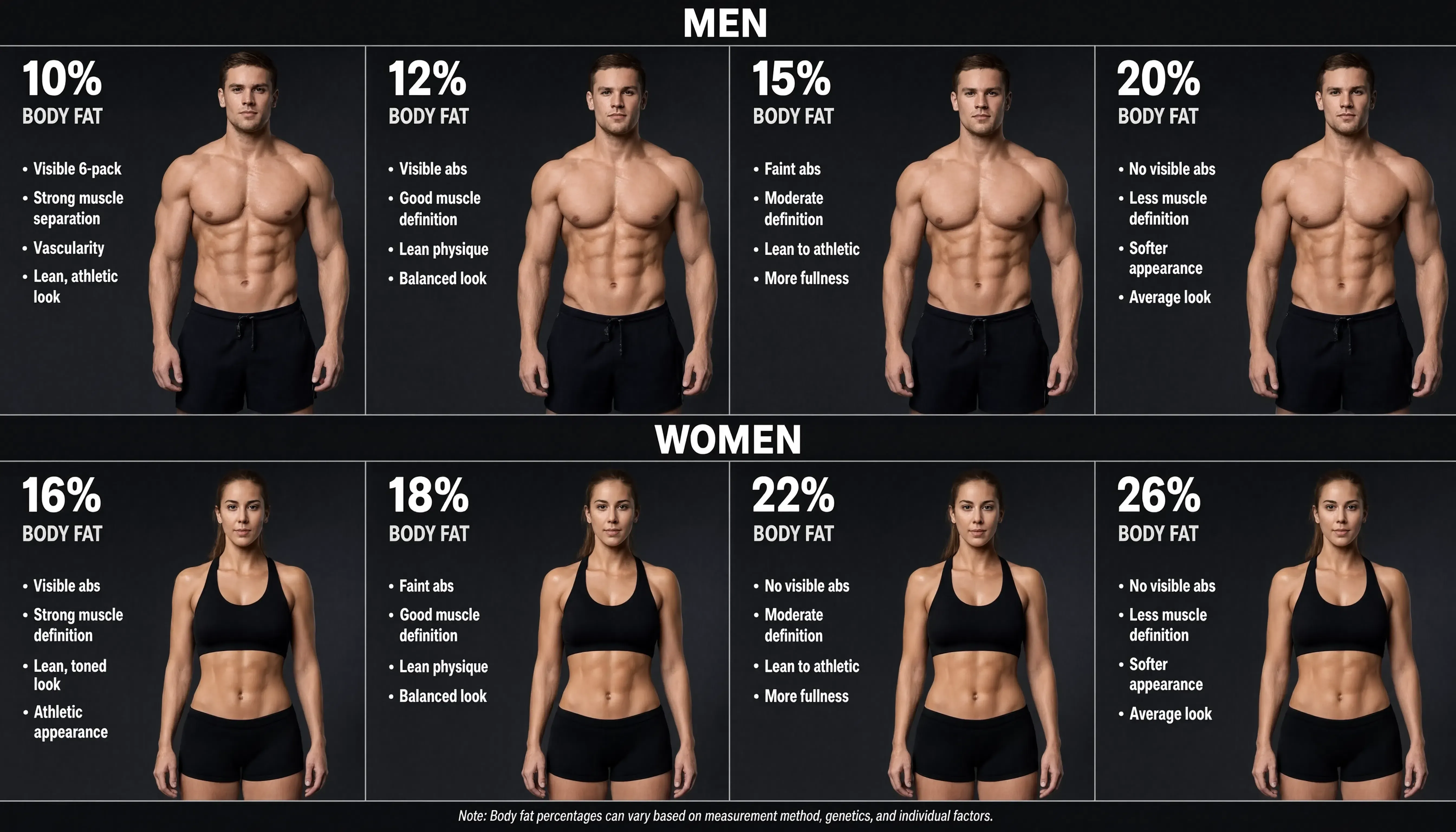 Body fat percentage visual reference guide and physique estimates