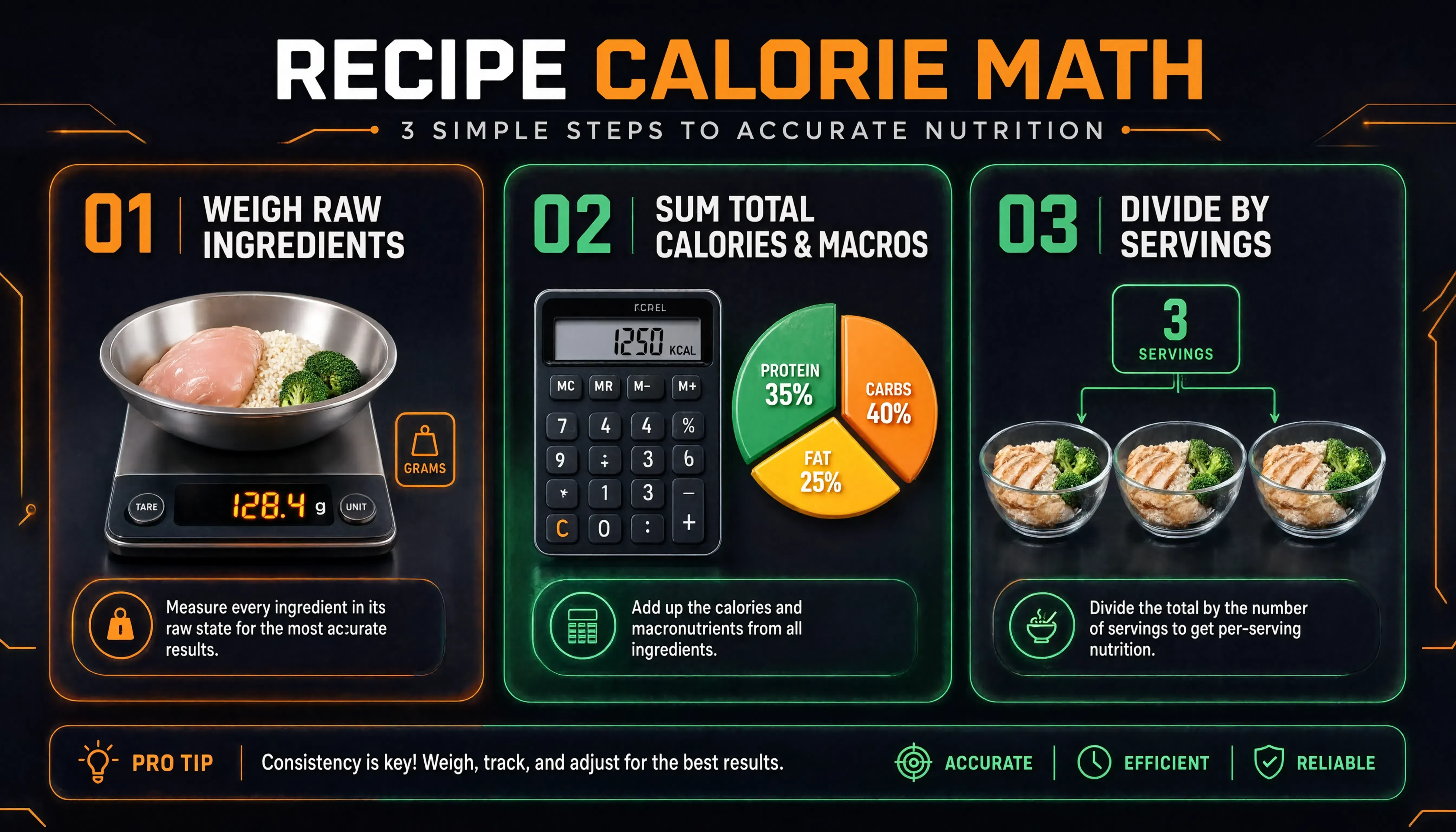Recipe calorie and macro calculation formula steps infographic