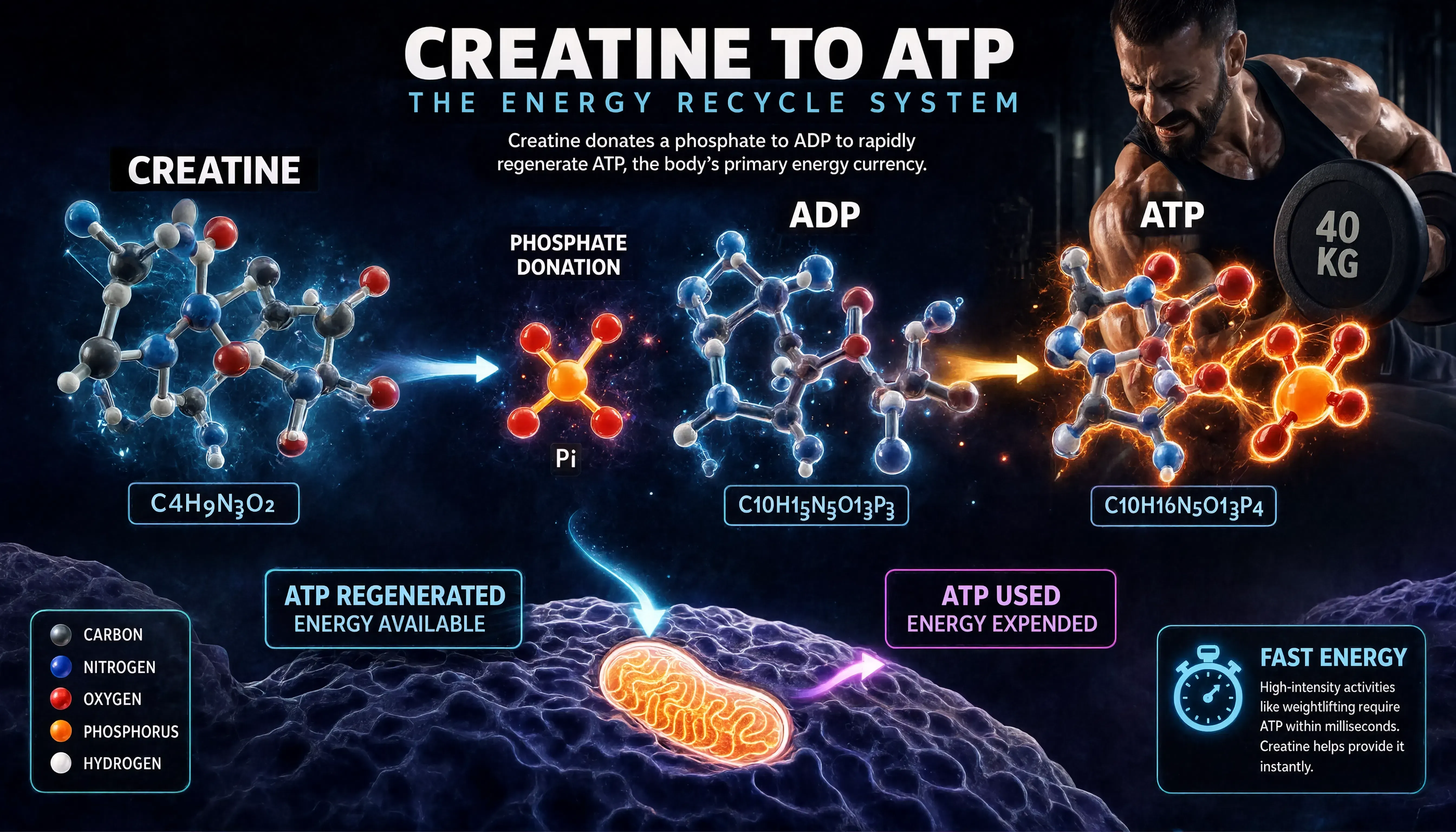 Creatine cellular ATP energy and phosphocreatine regeneration mechanism