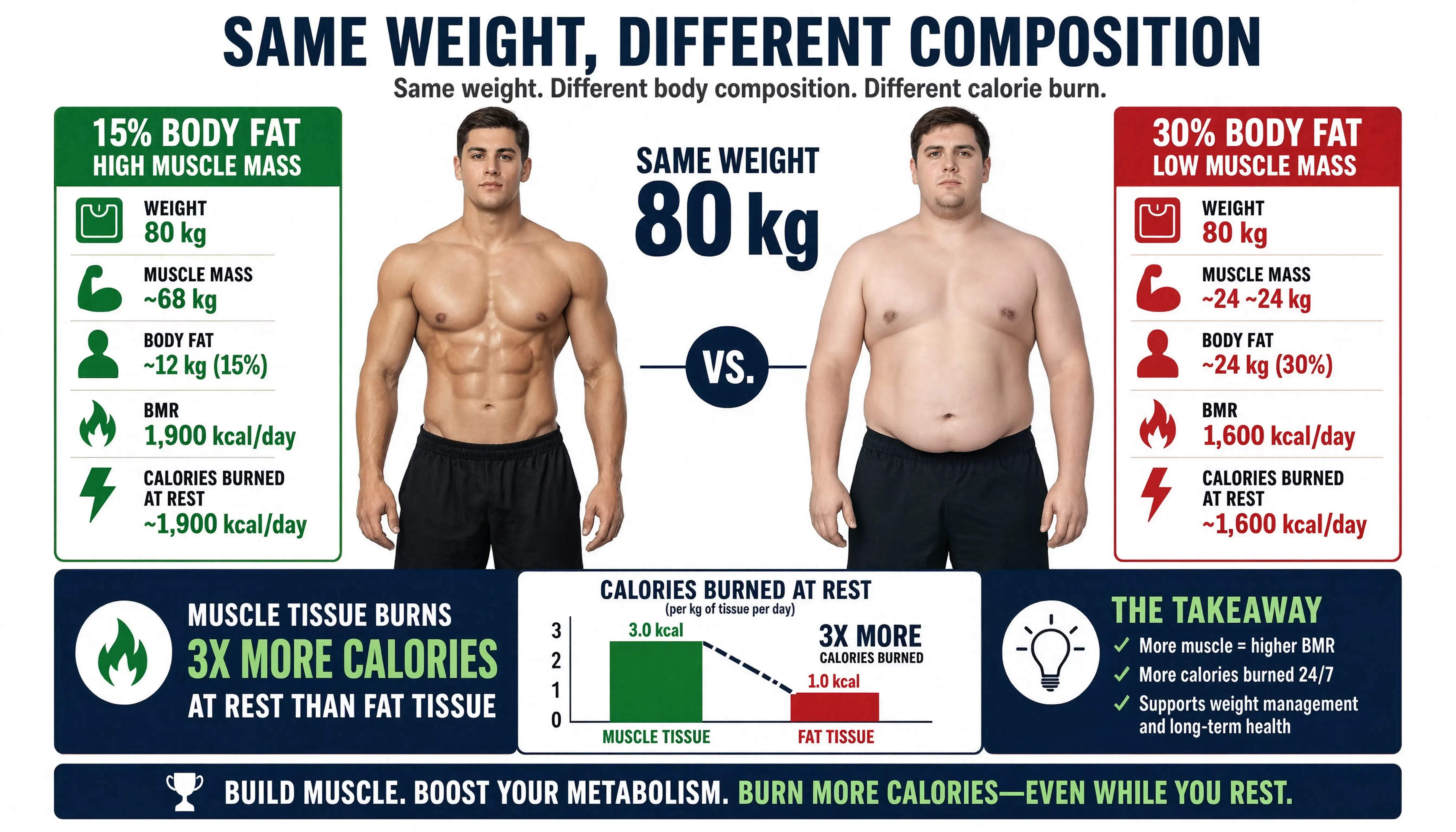Lean muscle mass impact on resting basal metabolic rate BMR