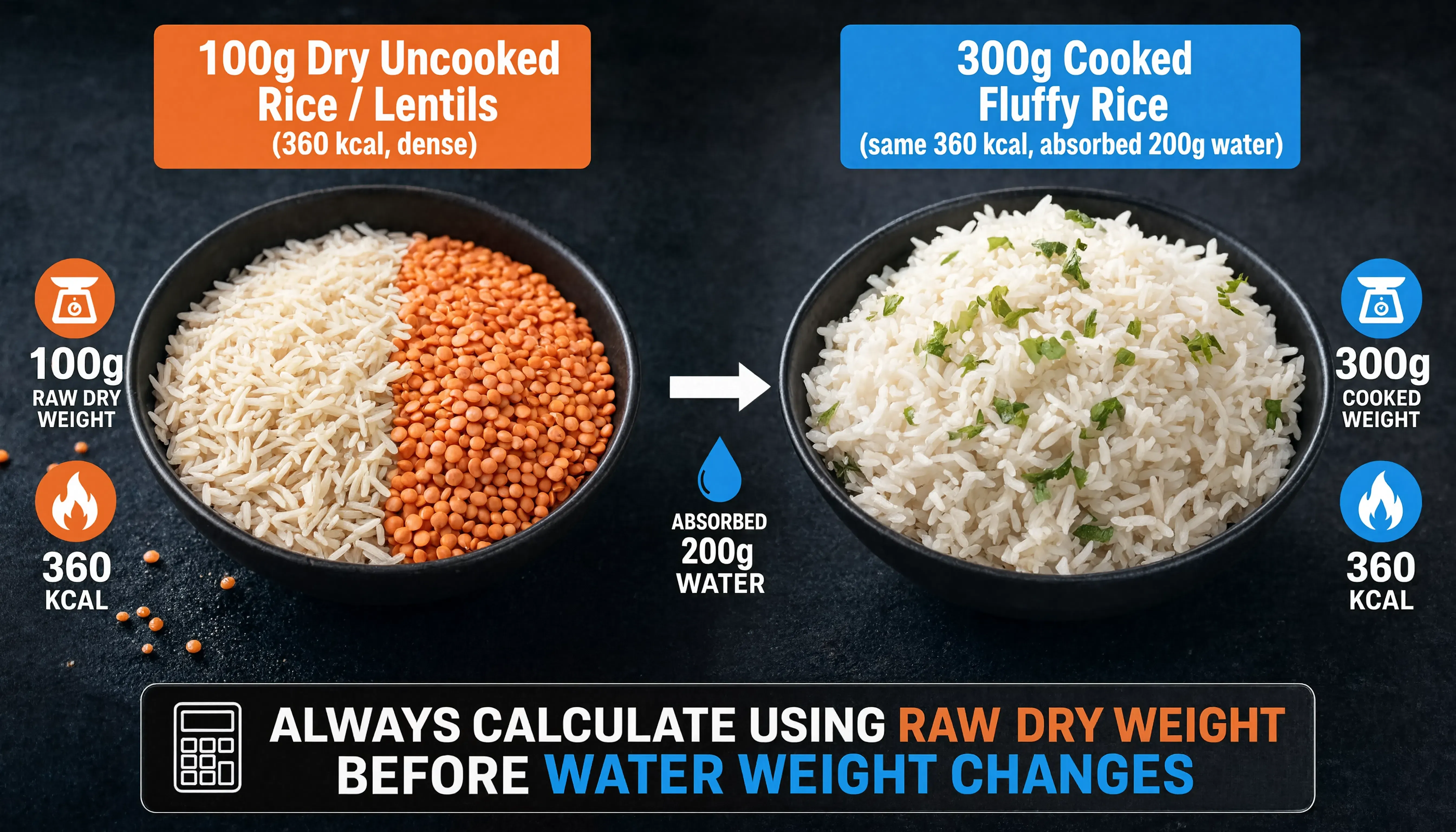 Raw vs cooked food weight and water absorption comparison