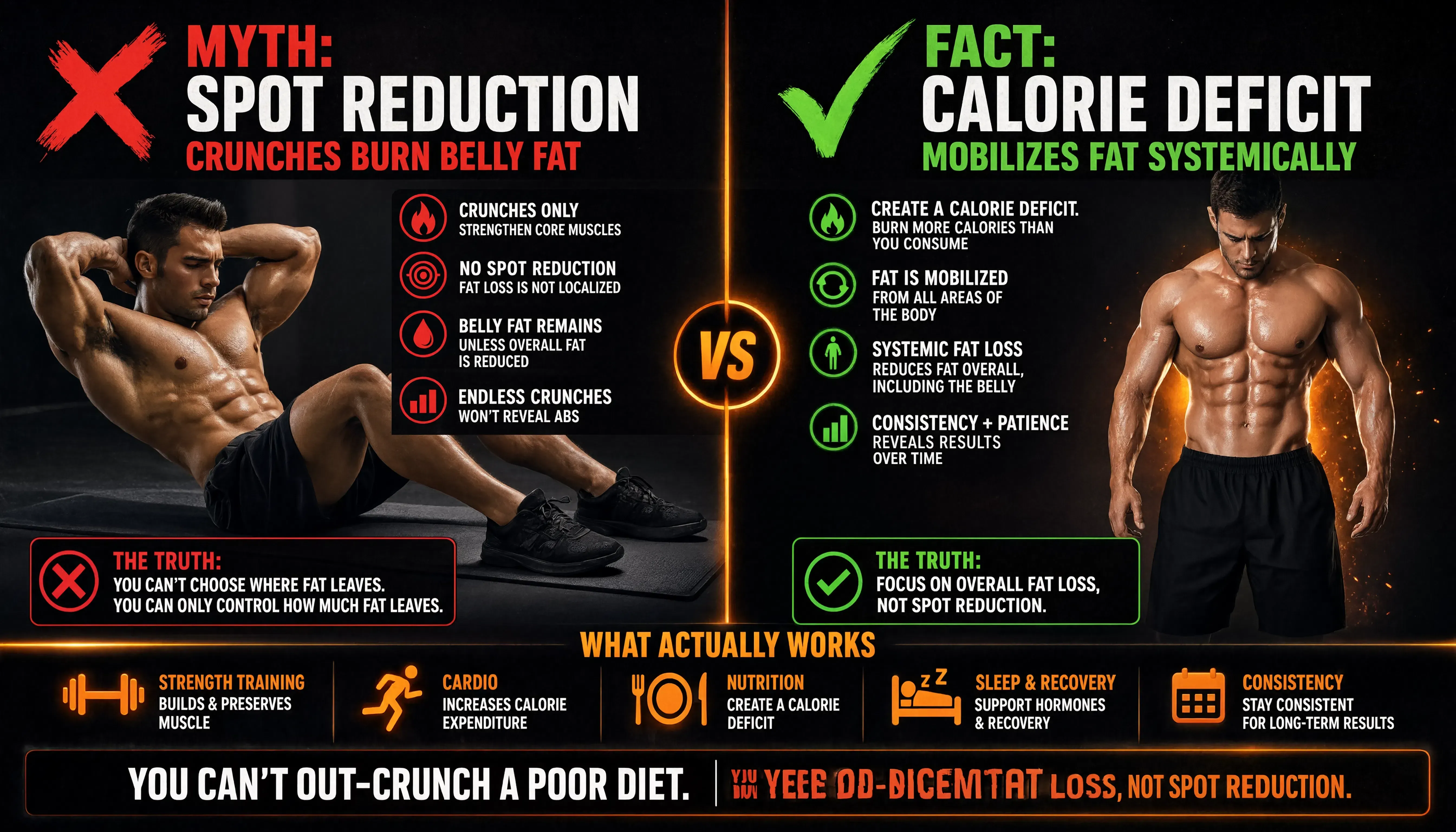 Spot reduction crunches myth versus whole body calorie deficit