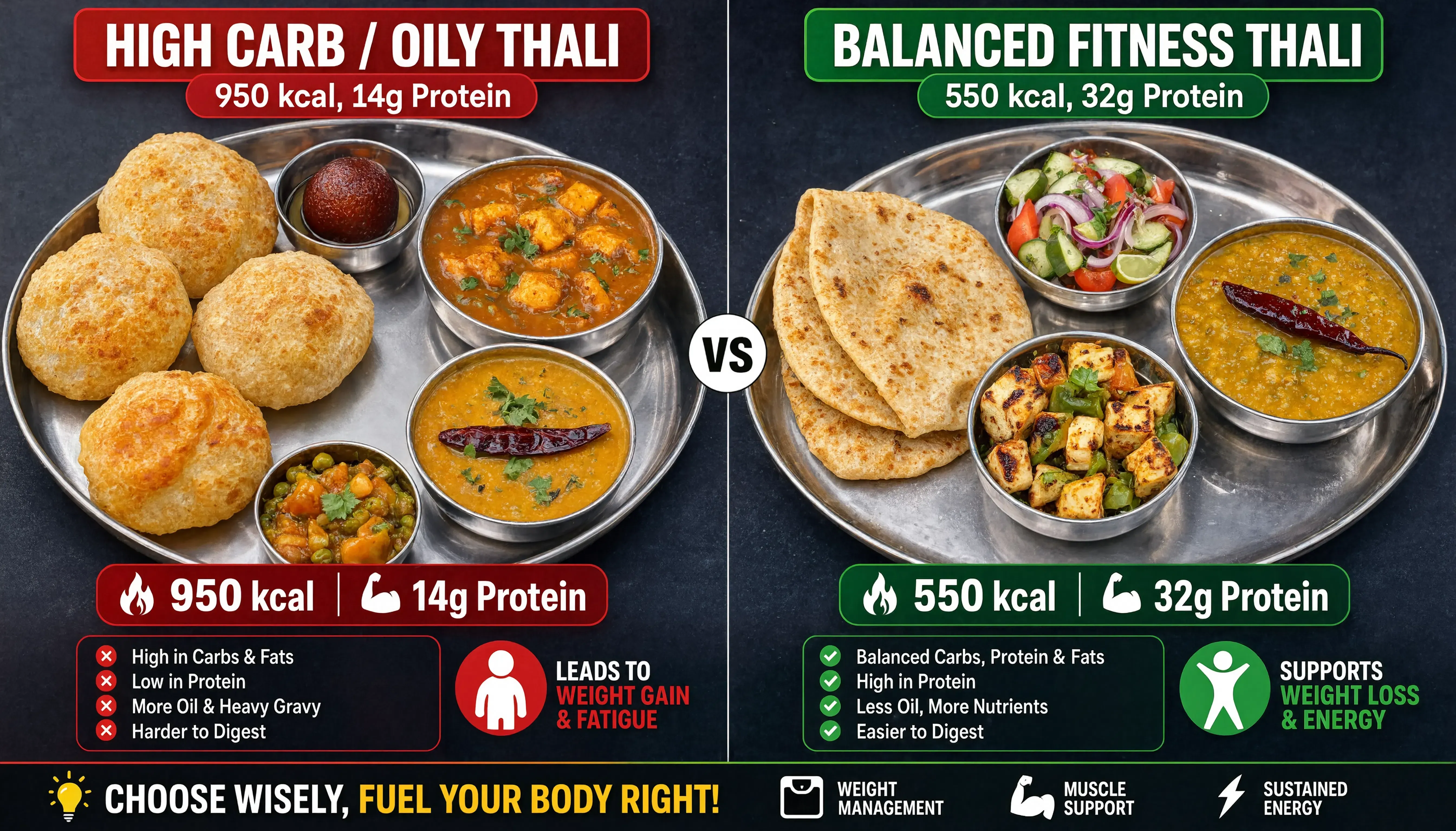 Traditional heavy thali versus high-protein fitness thali comparison