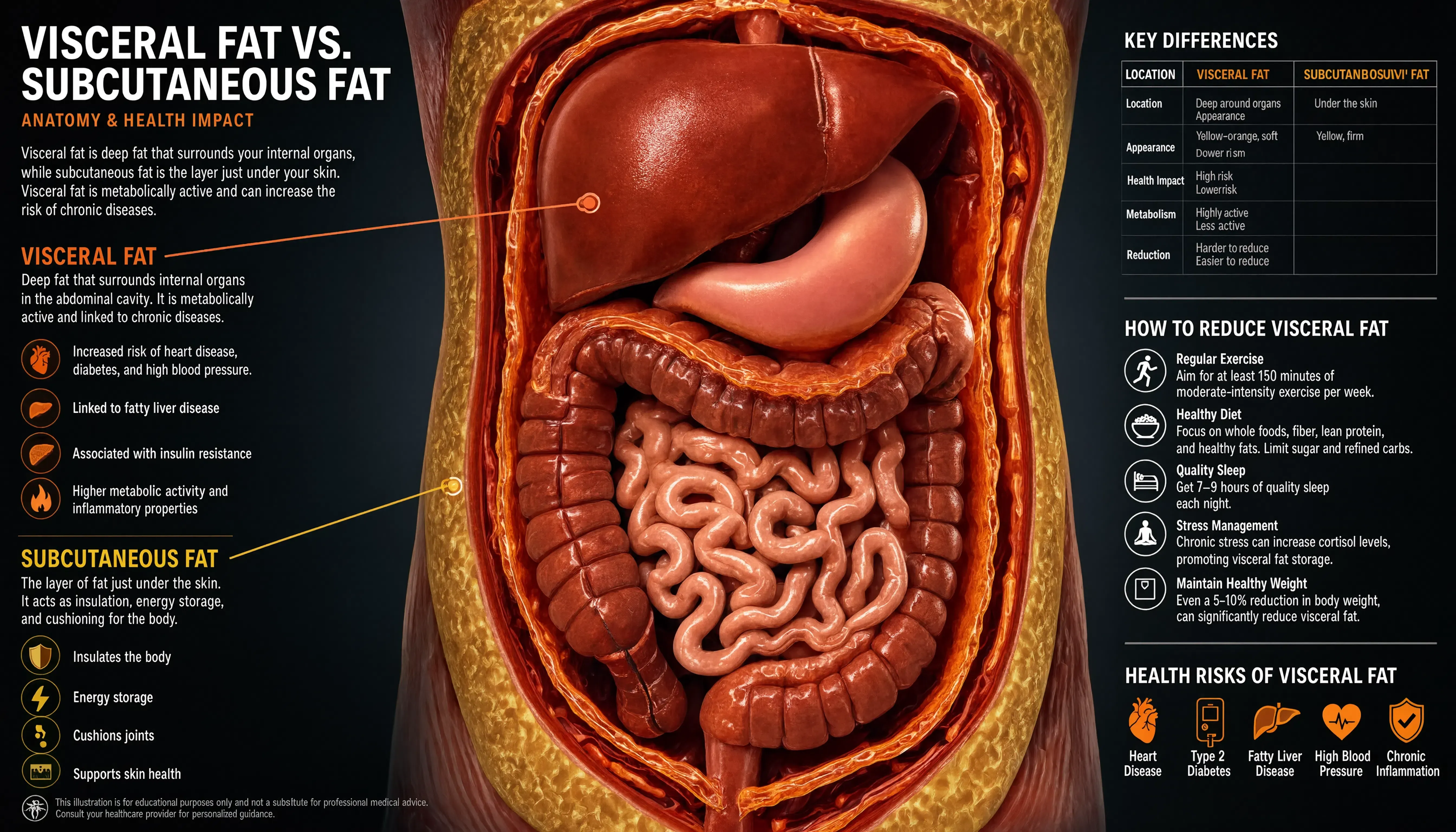 Visceral fat versus subcutaneous fat anatomy diagram
