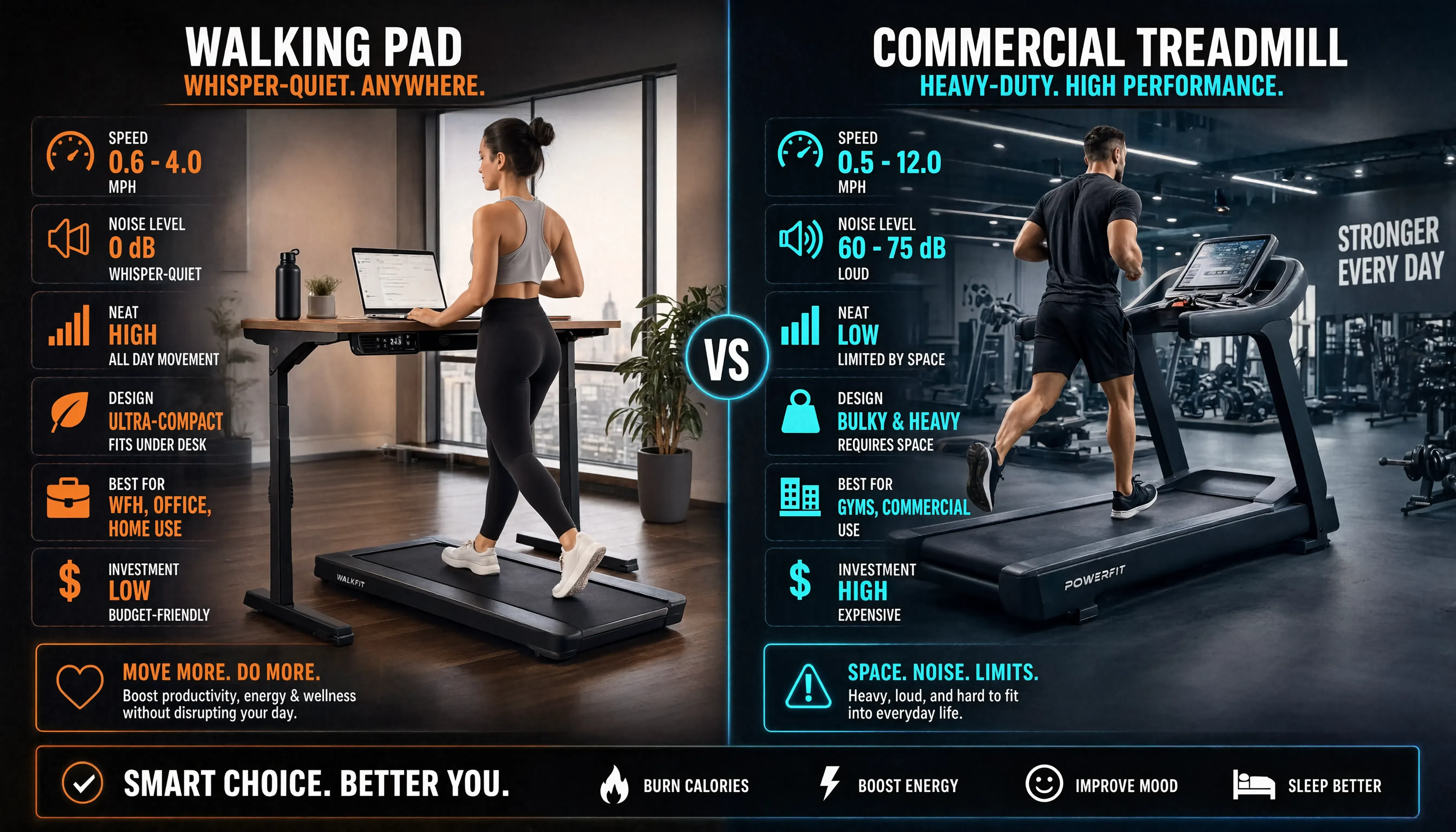 Walking pad versus traditional treadmill comparison infographic